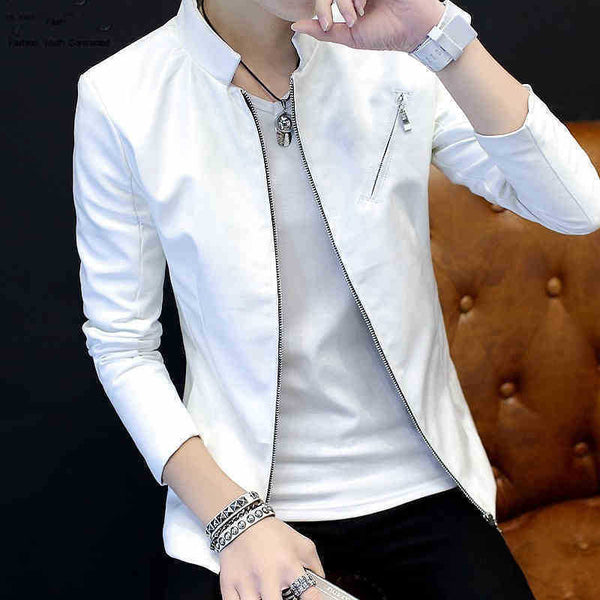 Chaqueta de Cuero Slim Fit con Cuello Mao - Estilo Juvenil Moderno