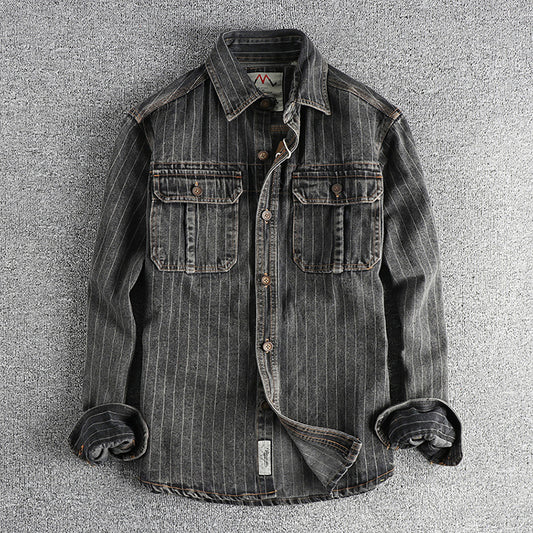 Camisa Denim Retro Británica a Rayas Negras y Grises para Hombre
