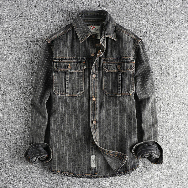 Camisa Denim Retro Británica a Rayas Negras y Grises para Hombre
