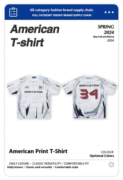 White short sleeve t-shirt with black and white abstract print, round neck, and 'GRAYSTAR' text on the front. - Image 10