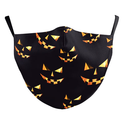Black double-layer face mask with a repeating pattern of glowing white jack-o'-lantern faces and ear hooks. - Image 11