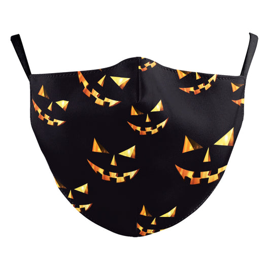 Black double-layer face mask with a repeating pattern of glowing white jack-o'-lantern faces and ear hooks. - Image 11