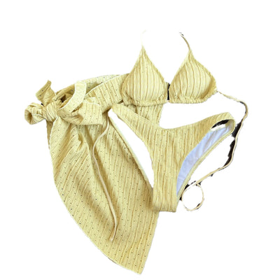 White textured bikini with ruched triangle top, high-cut bottom, and matching sarong with a large bow. - Image 5