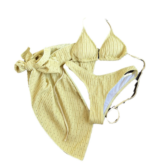 White textured bikini with ruched triangle top, high-cut bottom, and matching sarong with a large bow. - Image 5