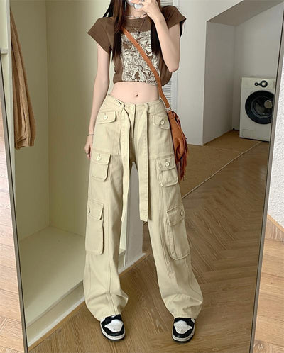 Pantalones Cargo Sueltos Vintage Americano con Múltiples Bolsillos y Detalles Desgastados - Image 32
