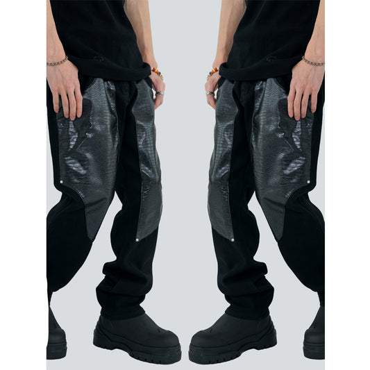 Pantalones de Hombre Patchwork Cuero Lavado Diseño Moderno