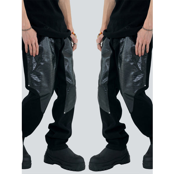 Pantalones de Hombre Patchwork Cuero Lavado Diseño Moderno