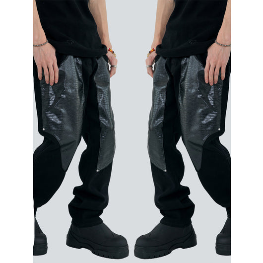 Pantalones de Hombre Patchwork Cuero Lavado Diseño Moderno
