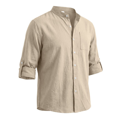 Camisa de Lino Estilo Americano con Cuello Mao y Mangas Medianas para Hombre - Image 30