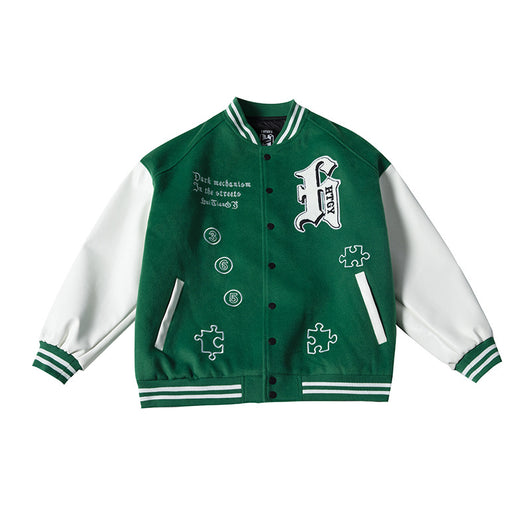 Chaqueta Universitaria Hip Hop con Mangas de Cuero y Bordados - Image 5