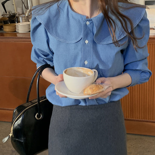 Blusa Retro de Encaje en el Escote y Manga Larga con Temperamento Dulce - Image 4