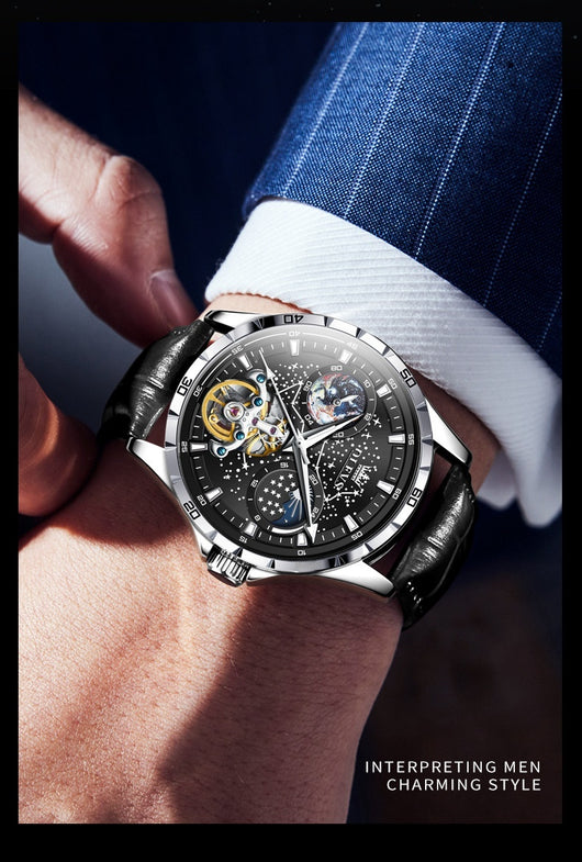 Reloj Mecánico Hueco Cielo Estrellado para Hombre Negocios Impermeable - Image 13