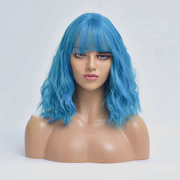 Peluca Rizada Azul Claro Estilo Europeo - Cabello Sintético Corto para Mujer