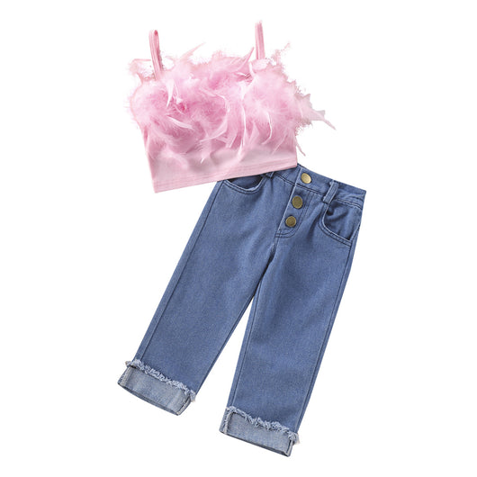 Conjunto Infantil: Top Escotado y Pantalón Denim de Color Sólido - Image 4