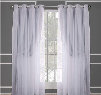 Dark blue double layer shading curtains with white sheer lace overlays, hung on a silver grommet rod. - Image 18