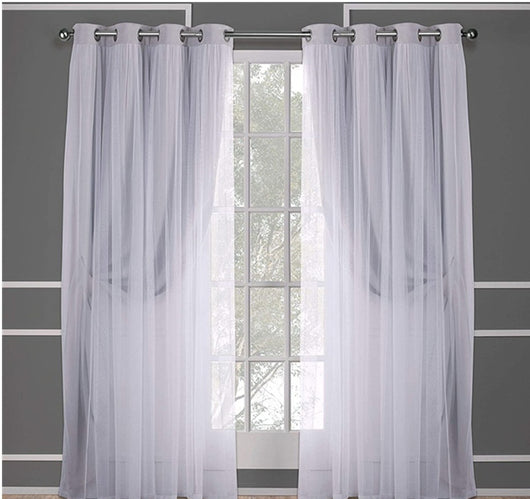 Dark blue double layer shading curtains with white sheer lace overlays, hung on a silver grommet rod. - Image 18