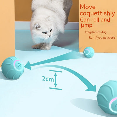 Red smart cat toy rolling ball with textured surface and glowing power button, designed for interactive play. - Image 4