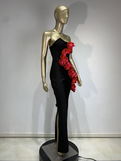 Jumpsuit Elegante Rojo con Aplicaciones y Escote Tubo - Image 10