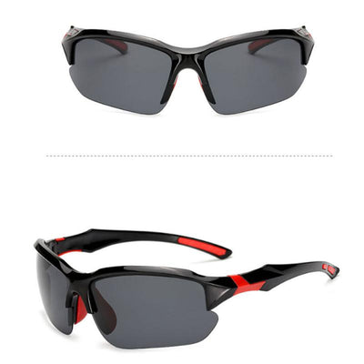 Black sports sunglasses with blue polarized lenses, shown from a front view and a three-quarter side view. - Image 19