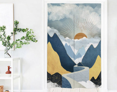 Fabric partition curtain with an abstract mountain landscape, featuring a peach sunset and flying birds, in blue, green, and cream. - Image 3