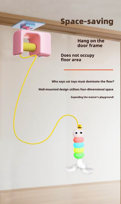 Electric pet cat toy with a blue hanging mechanism, yellow yo-yo string, and a colorful feathered lure. - Image 7
