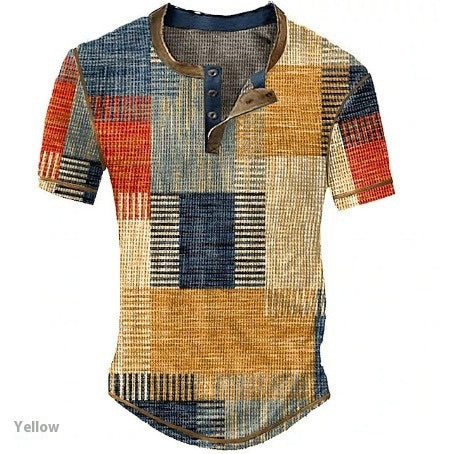 Camisa Henley Estampada de Cuadros Color Block para Hombre