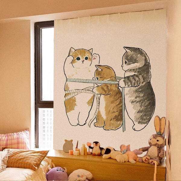 Cute cartoon curtain featuring a grey tabby kitten riding on a brown Shiba Inu puppy, with punch-free Velcro installation.