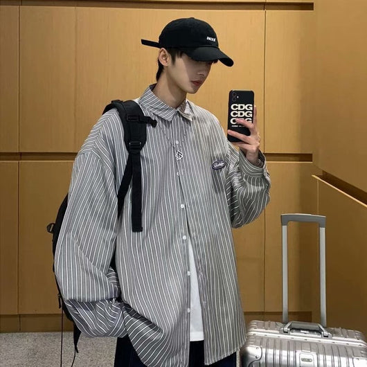 Camisa de Manga Larga Estilo Hong Kong a Rayas Casual Suelta Juvenil - Image 3