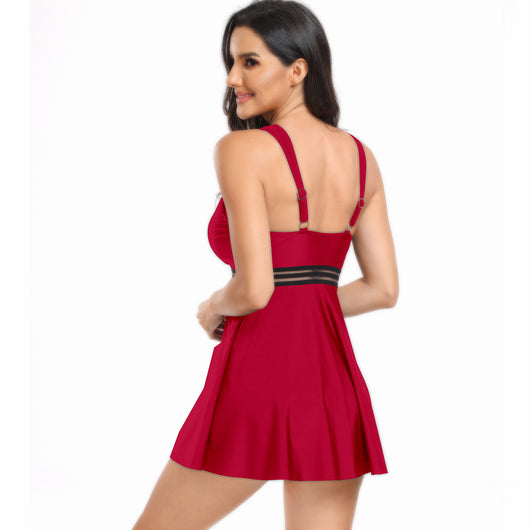 Royal blue V-neck swimsuit dress with gold and black patterned trim on neckline and empire waist. - Image 24
