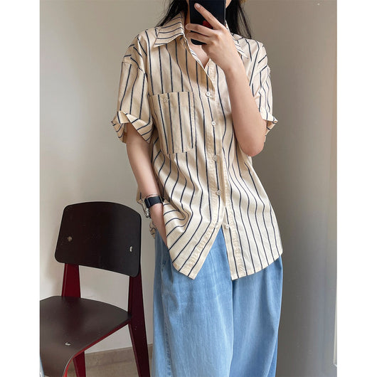 Camisa Retro de Rayas con Solapa Literaria, Manga Corta Suelta y Ligera - Image 7