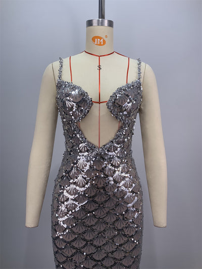 Vestido Largo Elegante Espalda Descubierta con Lentejuelas y Tirantes - Image 13