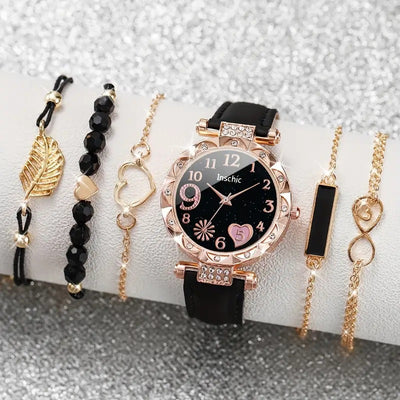 Reloj de Cuarzo con Diamantes y Pulsera de Cuentas para Mujer