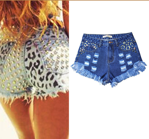 Shorts Denim Rotos Cintura Alta con Remaches y Estampado
