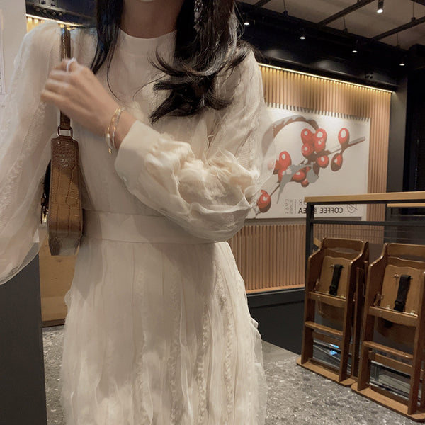 Vestido Elegante Retro Francés con Encaje y Cordones