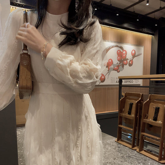 Vestido Elegante Retro Francés con Encaje y Cordones