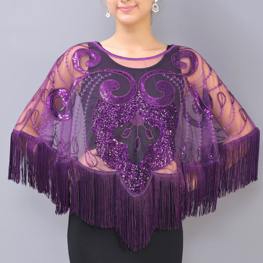 Blusa Capa Suelta con Flecos y Lentejuelas - Malla Transparente