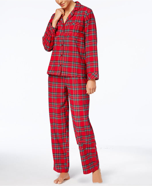 Men's red and green plaid pajama set with a long-sleeved button-up shirt and matching long pants. - Image 10