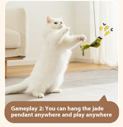 Plush bird cat toy with orange chest, grey body, feathered tail, and an elastic string for interactive play. - Image 20