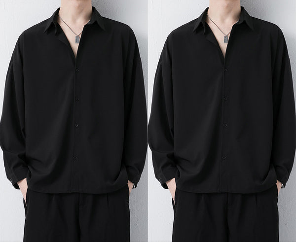 Camisa Negra Casual de Otoño con Cuello Mao y Mangas Largas