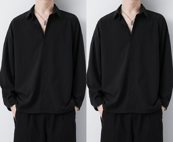 Camisa Negra Casual de Otoño con Cuello Mao y Mangas Largas