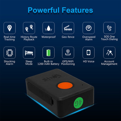 Sinotrack GPS tracker kit with black device, orange button, white charging cable, lanyard, pouch, and box. - Image 10