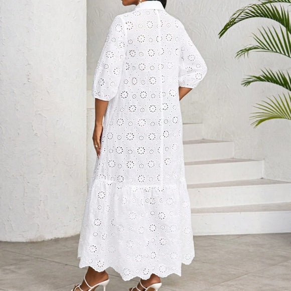 Vestido Camisero de Encaje Calado para Mujer