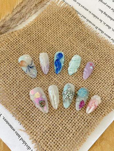 Uñas Postizas Artesanales Mundo Submarino Feliz Blanco - Manicura Larga Avanzada - Image 10