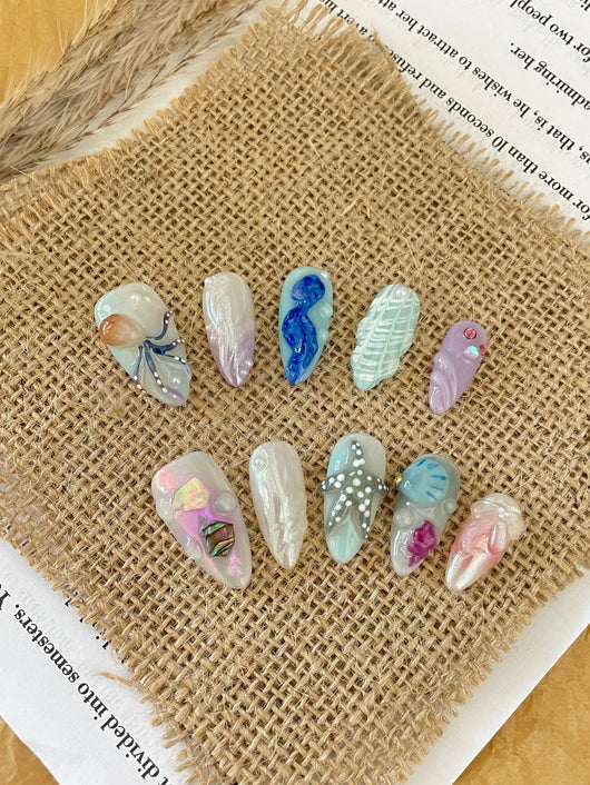 Uñas Postizas Artesanales Mundo Submarino Feliz Blanco - Manicura Larga Avanzada - Image 10