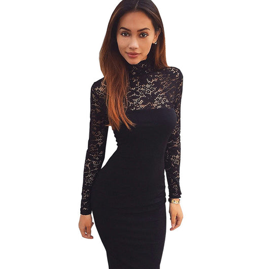 Vestido Elegante de Encaje Manga Larga Cuello Alto Ajustado - Image 5