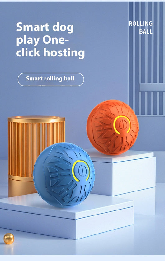 Upgraded blue electric jumping ball for pets with a yellow power button, made of chewable silicone, on a white pedestal. - Image 33