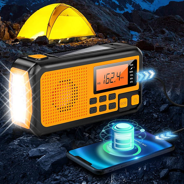 Radio de Emergencia Multifuncional con Energía Solar y Manivela