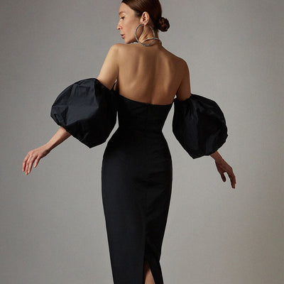 Vestido Ajustado Midi con Mangas Globo y Cintura Envolvente - Image 6