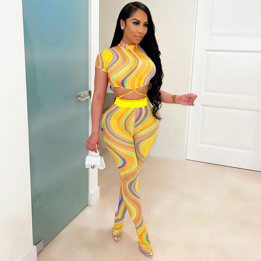 Body Stocking Estampado con Cordones y Efecto Tie-Dye