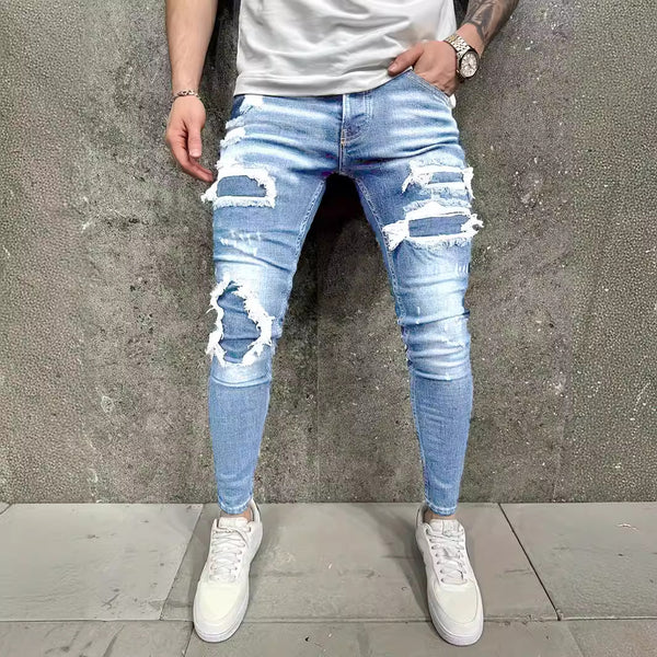 Pantalones Vaqueros Rotos con Parches Estilo Europeo y Americano para Hombre